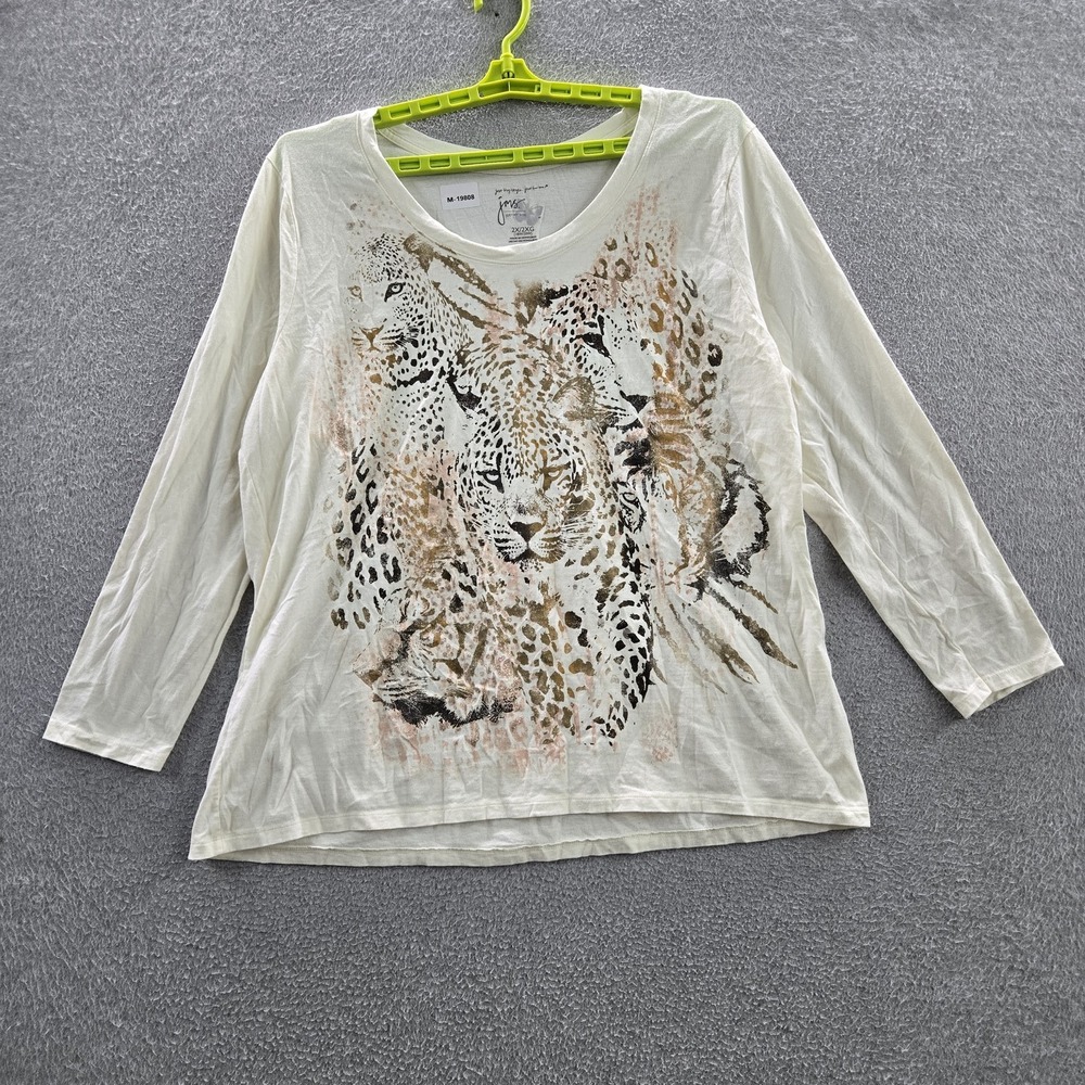 JMS Just My Size Women Shirt 2X/2XG (18W/20W) White Animal Print Glitter Crew